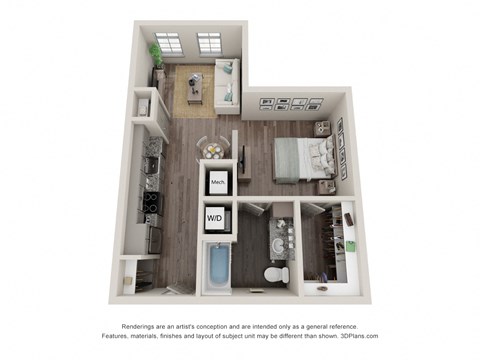 Floor plan for studio, 1 bath, 605 sqft